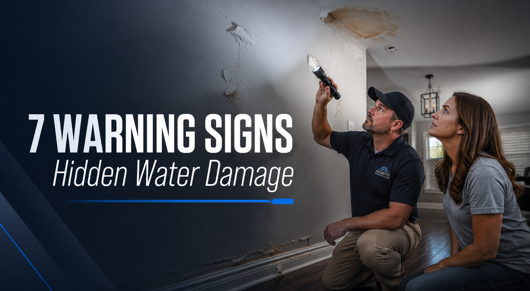 Contractor and homeowner inspecting signs of hidden water damage inside a modern home.